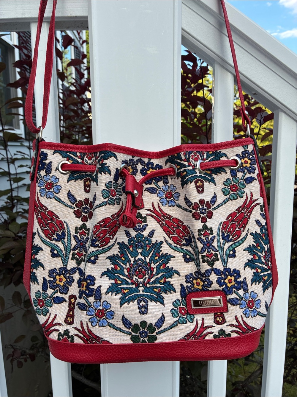 La Turca Bucket Crossbody Bag Woven Tapestry & Leather Floral Multicolor NWT